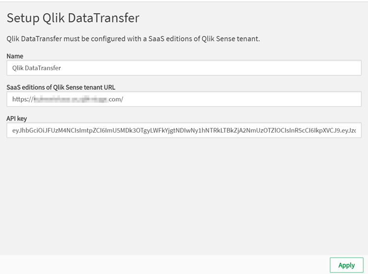 Pantalla de conexión de la clave de API de Qlik dataTransfer