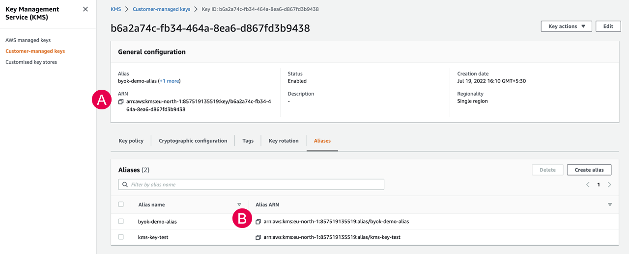 AWS KMS-Schlüssel-ARN und Alias-ARN