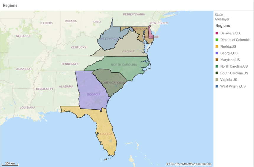 Karte einer ausgewählter Unterregion, die nun individuelle zugehörige Bundesstaaten zeigen