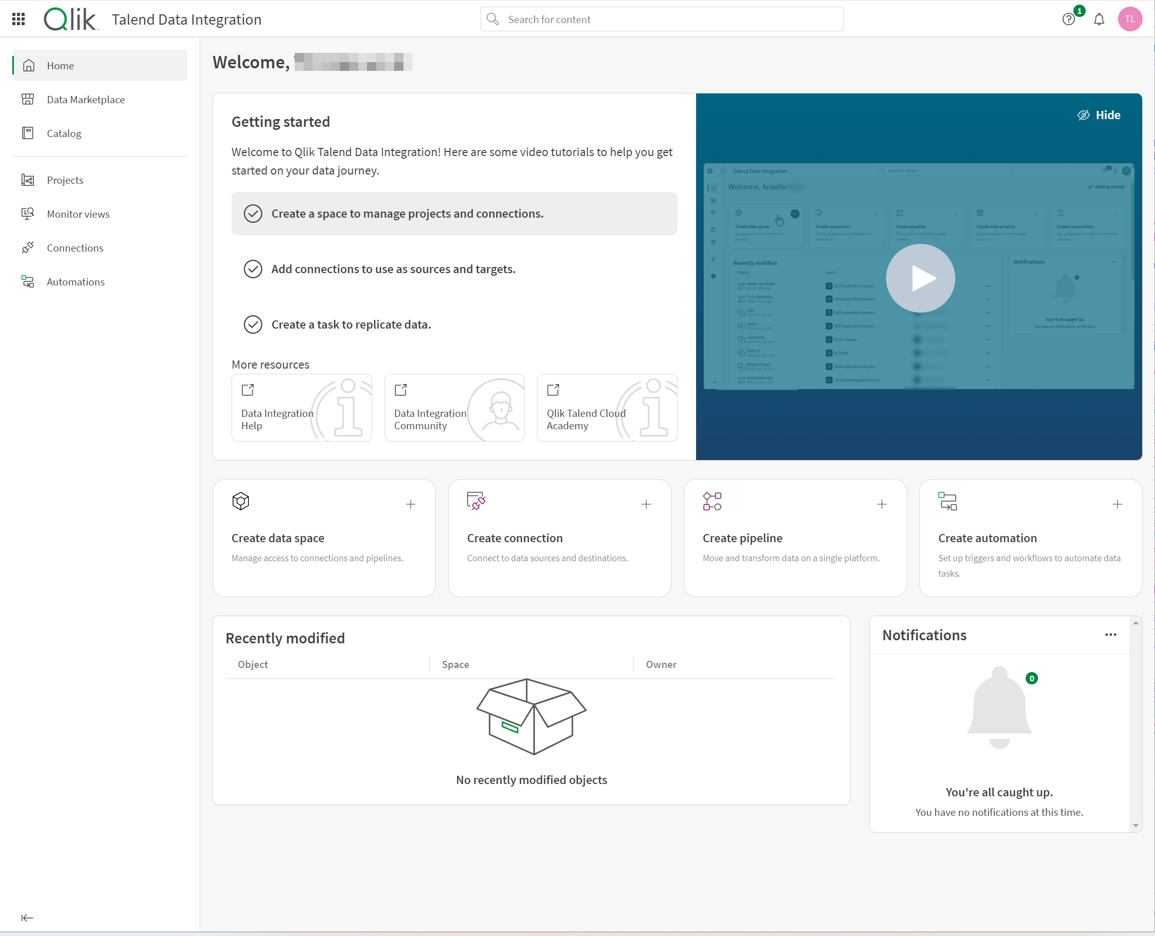 Die Startseite von Qlik Talend Data Integration