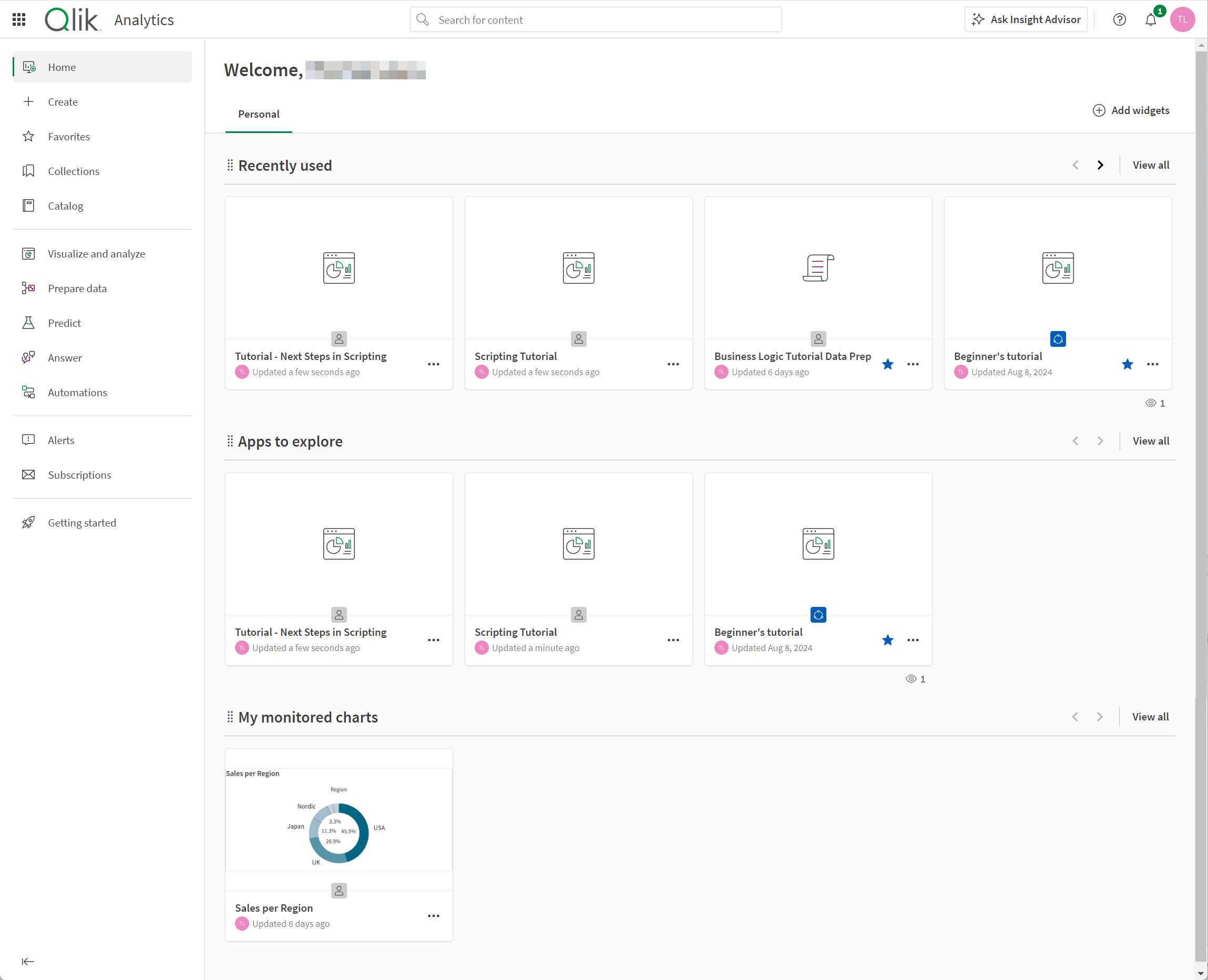 Die Startseite für „Analytics“.