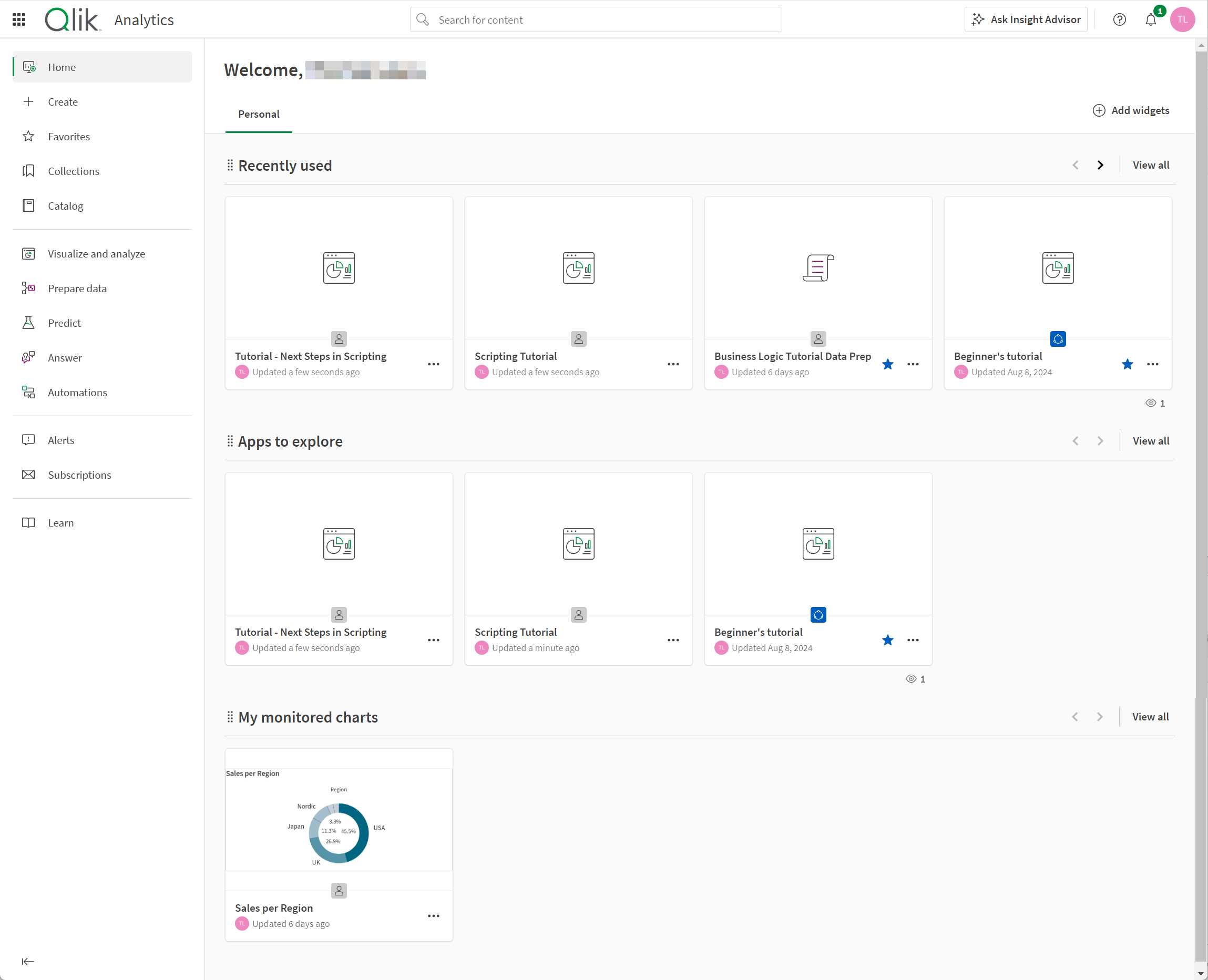 Die Startseite für „Analytics“.