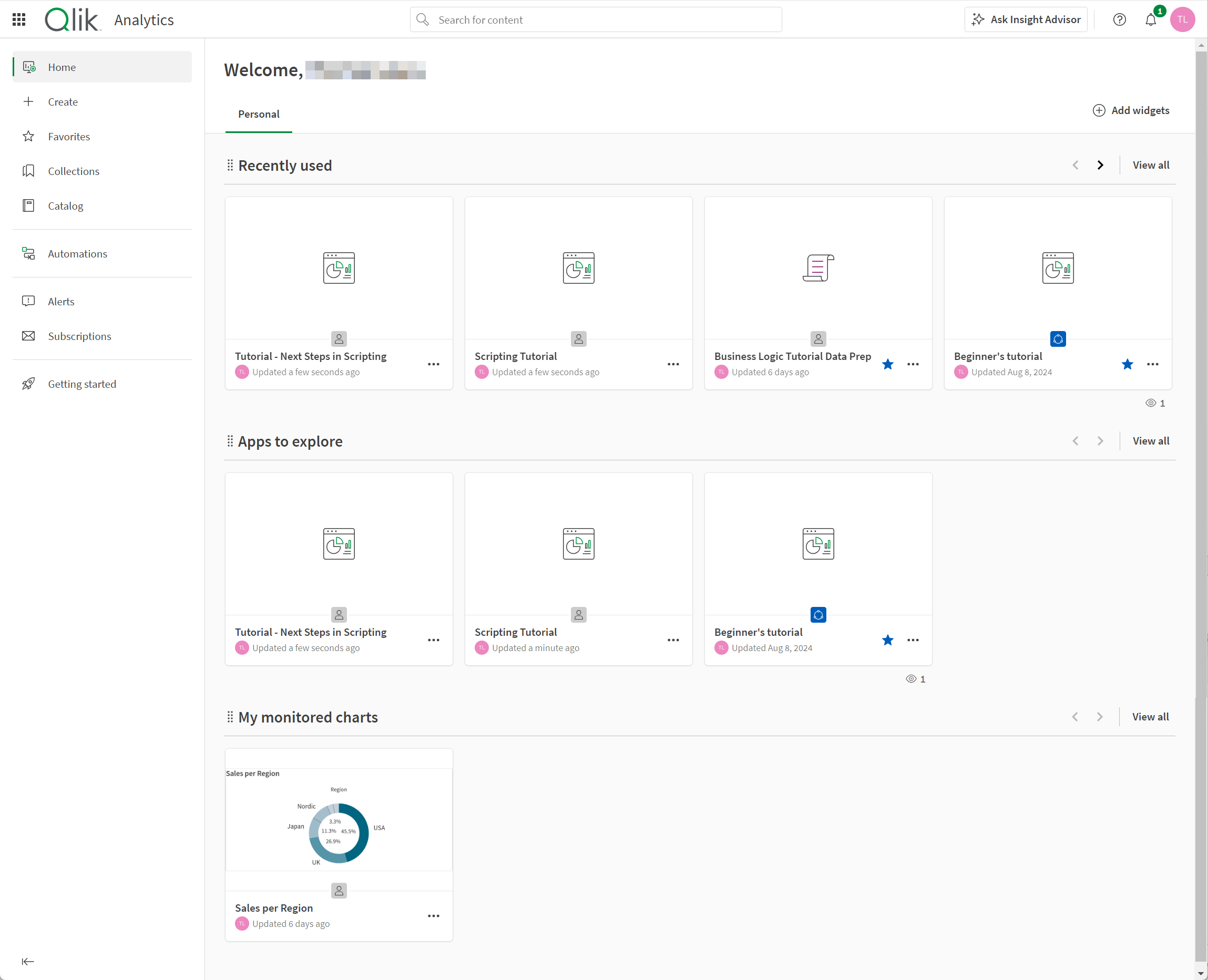 Die Startseite für „Analytics“.