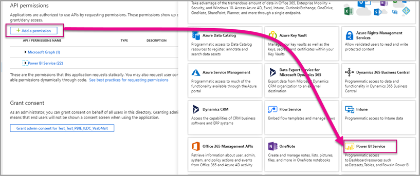 Fügen Sie eine Berechtigung oben links auf dem Bildschirm hinzu und wählen Sie „Power BI Service“ unten rechts.