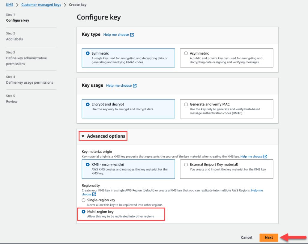 AWS Management Console mit einem Schaltflächenlink zum Erstellen eines CMK-Schlüssels.