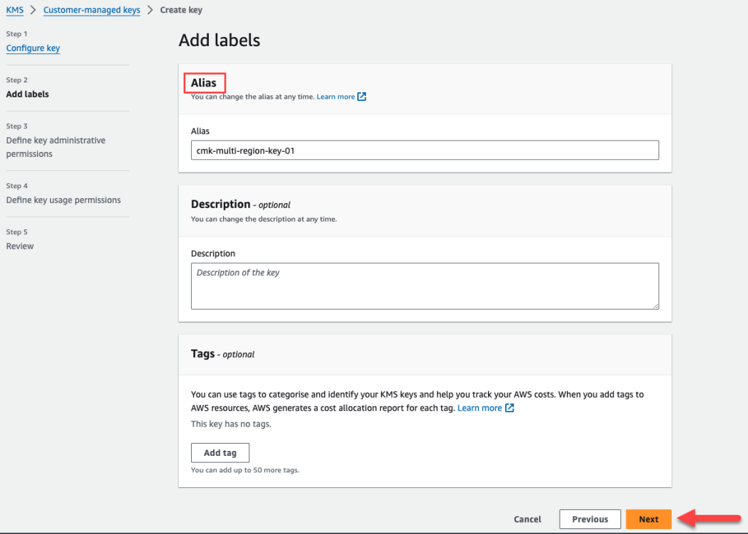 AWS Management Console mit einem Schaltflächenlink zum Erstellen eines CMK-Schlüssels.