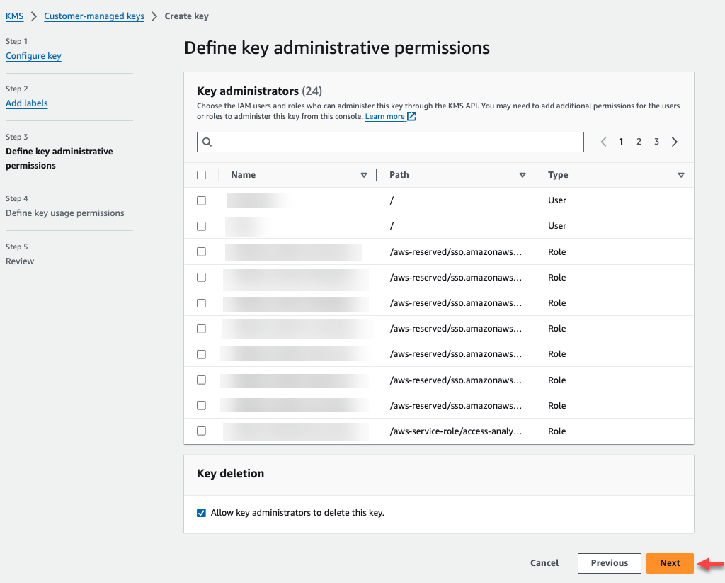 AWS Management Console mit einem Schaltflächenlink zum Erstellen eines CMK-Schlüssels.