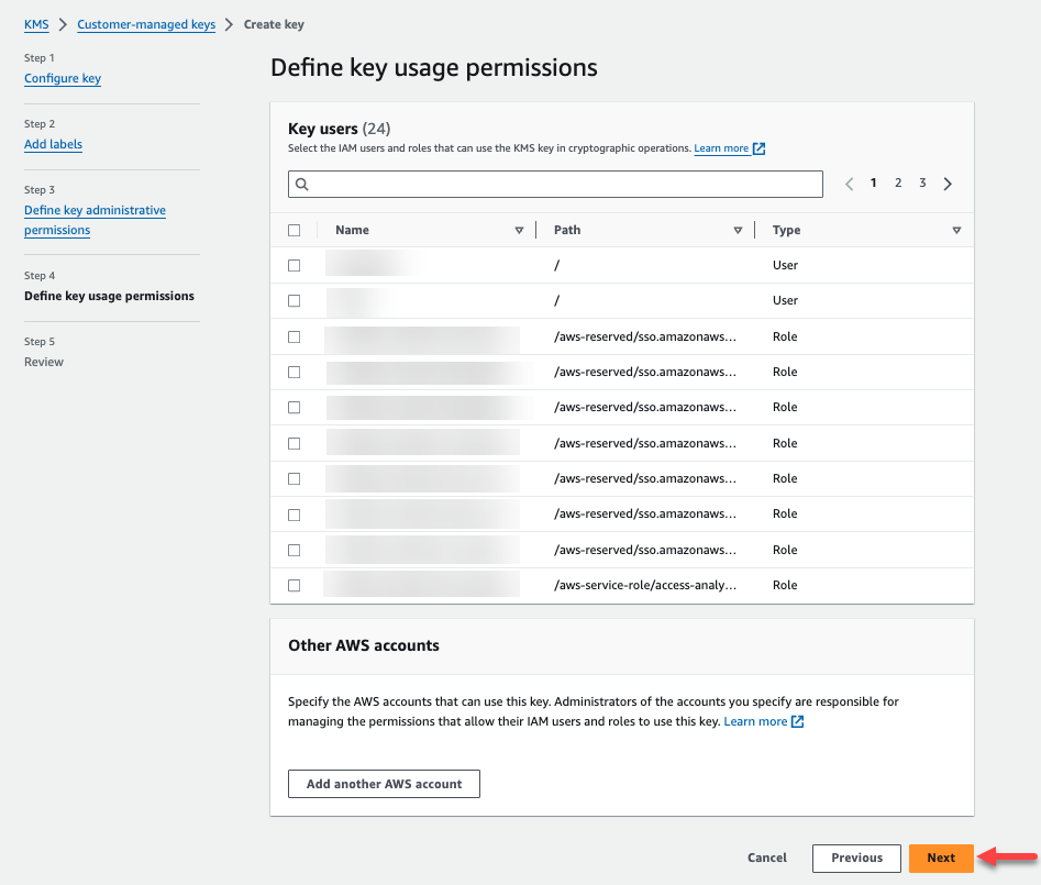 AWS Management Console mit einem Schaltflächenlink zum Erstellen eines CMK-Schlüssels.