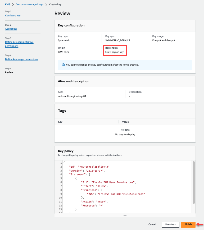 AWS Management Console mit einem Schaltflächenlink zum Erstellen eines CMK-Schlüssels.