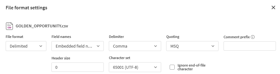 Felder zum Ändern der Datensatzkonfiguration wie Header-Größe oder Trennzeichen