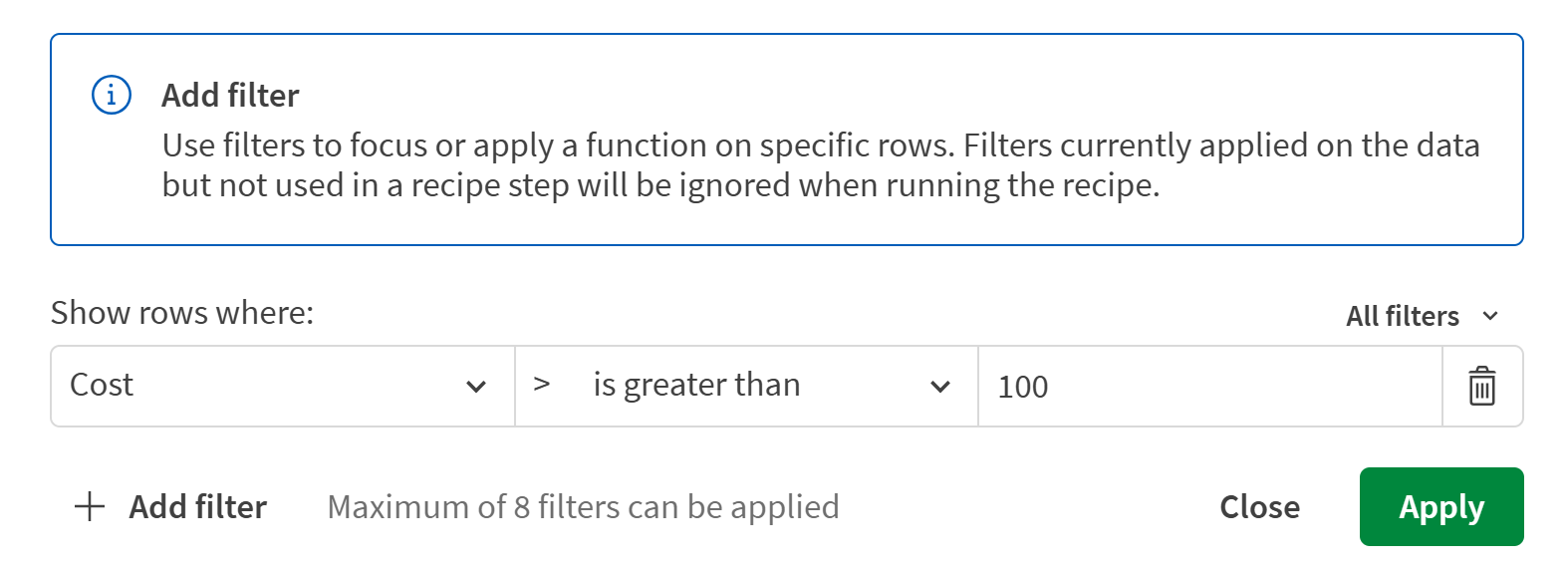 Der Filter ist mit der Spalte „Kosten“, dem Operator „ist größer als“ und dem Wert „100“ konfiguriert