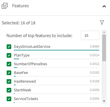 Die Liste „Features“ im Fenster „Experimentkonfiguration“ zeigt, dass das Feature „DaysSinceLastService“ einen unverhältnismäßig großen Einfluss auf das Experiment hat.