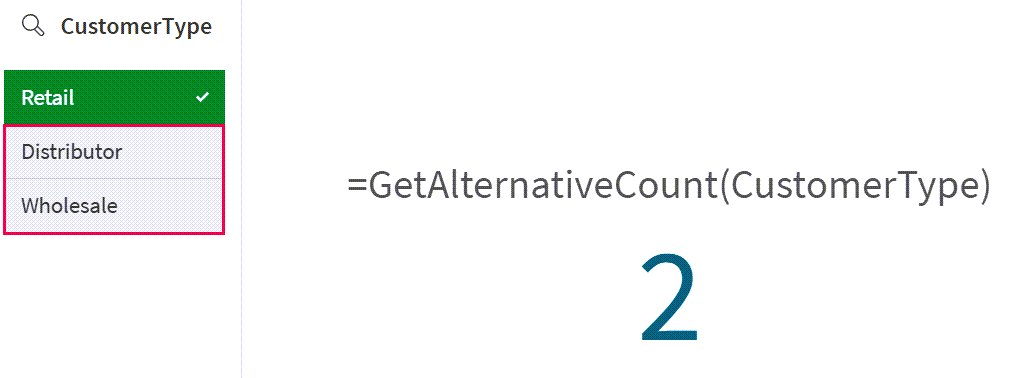 Das Filterfenster zeigt eine Auswahl, sodass der KPI „GetAlternativeCount“ 2 zurückgibt, da es 2 alternative Werte gibt, die eindeutig und von der Auswahl ausgeschlossen sind.