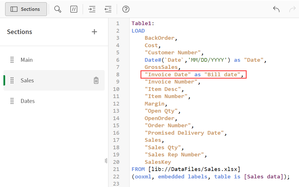 Ladeskript, in dem „Invoice Date“ in „Bill Date“ umbenannt wird.