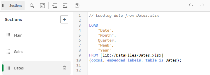 Ladeskript auf der Registerkarte „Dates“.