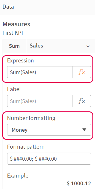 Auf die Kennzahl „Sales“ angewendete Zahlenformatierung.