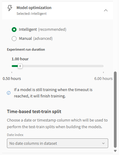 Abschnitt „Modelloptimierung“ im Trainingskonfigurationsfenster von Qlik Predict