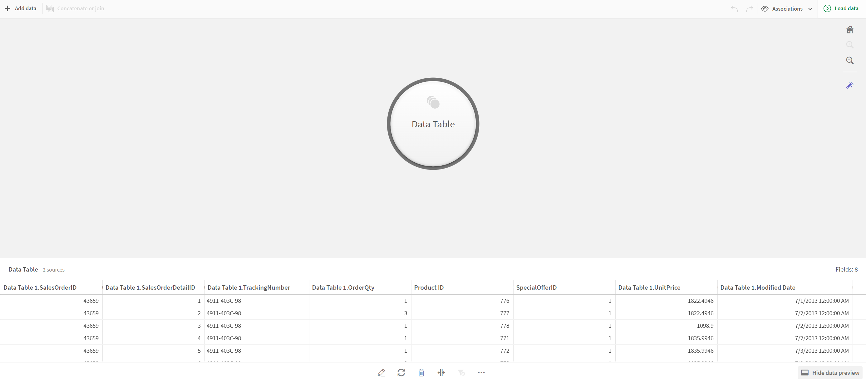 Datenmanager mit der Blase 'Datentabelle'.