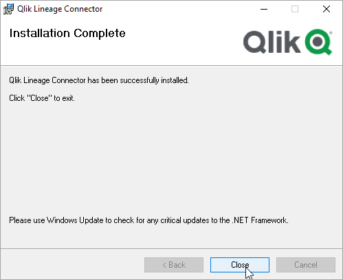 Qlik Lineage Connectors-Bildschirm – Installation abgeschlossen