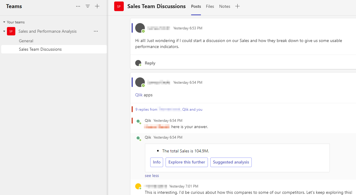 Beispiel, wie der Qlik Microsoft Teams-Bot in einem Teamkanal für Gruppeninteraktionen mit Daten verwendet werden kann