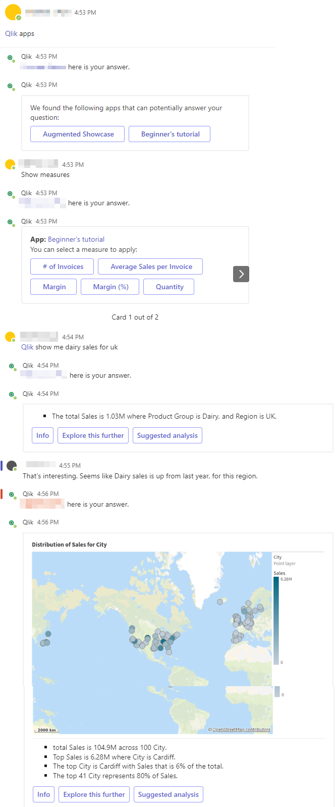 Beispiel, wie der Qlik Microsoft Teams-Bot in einem Teamkanal für Gruppeninteraktionen mit Daten verwendet werden kann