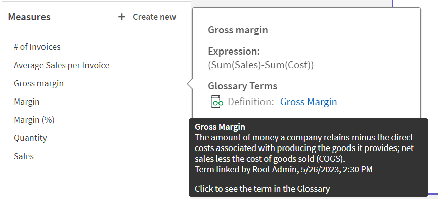 Die Master-Kennzahl „Gross margin“ ist geöffnet und zeigt den Begriff für Bruttomarge im Glossar.