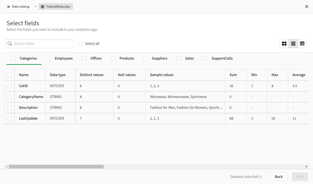 Die Listenansicht von „Felder auswählen“ im Data Catalog