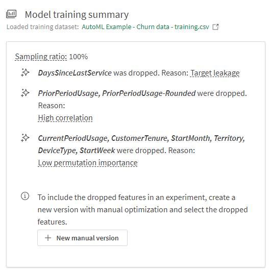 Trainingsübersichtsdiagramm für Modell mit der besten Leistung, bei dem Features aufgrund von Ziellecks, hoher Korrelation und niedriger Permutation Importance entfernt wurden