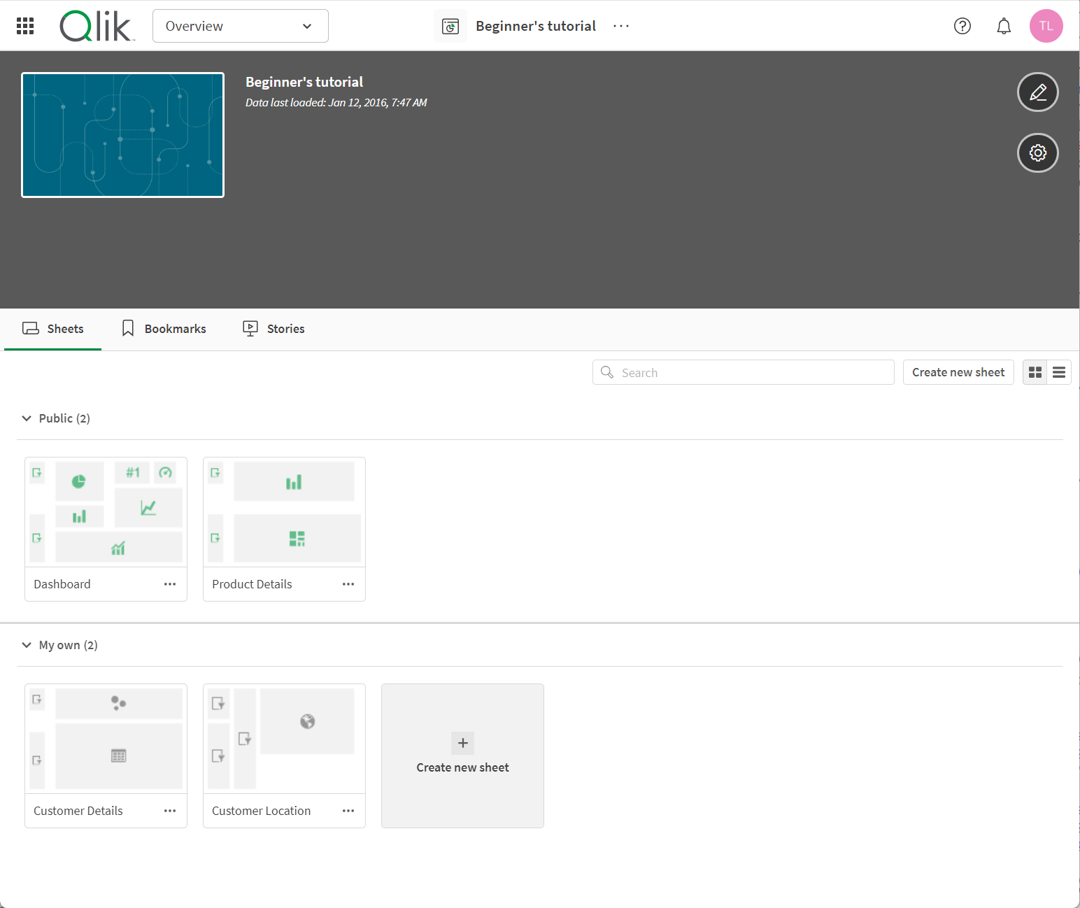 App-Übersicht in der Qlik Sense Cloud-Benutzeroberfläche