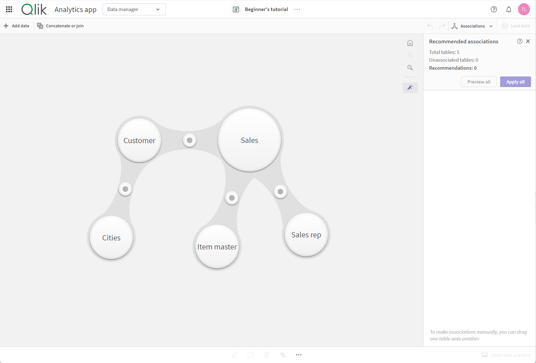 Datenmanager der Qlik Sense Cloud-Benutzeroberfläche