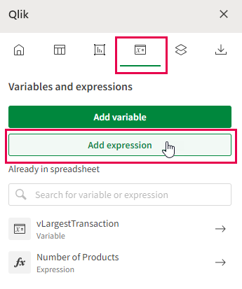 Registerkarte „Variablen und Formeln“ im Excel-Add-In, über die Sie neue Formeln hinzufügen oder bereits hinzugefügte Formeln ändern können