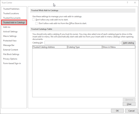 Schaltfläche „Kataloge vertrauenswürdiger Add-Ins“ im Microsoft Excel Trust Center