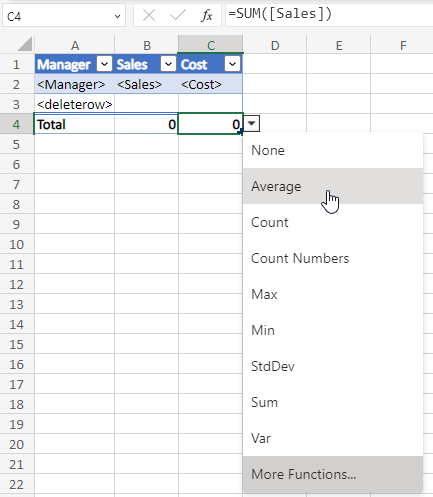 Dropdown-Menü zum Auswählen einer Zusammenfassungsfunktion für die Ergebniszeile