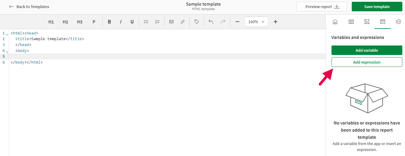 Menü „Variablen und Formeln“ im HTML-Designer, über das Sie bereits hinzugefügte Formeln ändern oder neue Formeln hinzufügen können
