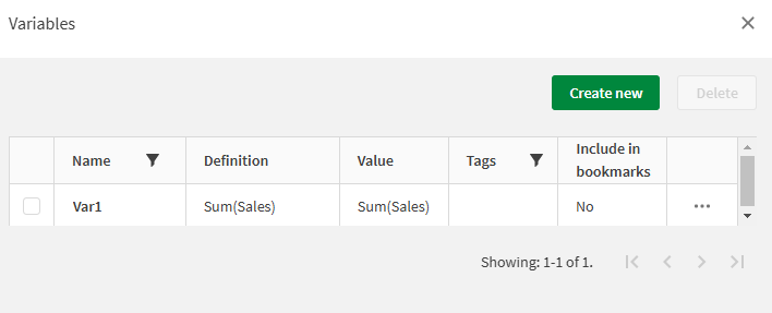 Dialogfeld „Variablen“ mit der Definition und den Wert der Variablen „Var1“, wenn am Anfang der Variablendefinition („Sum Sales“) kein Gleichheitszeichen steht