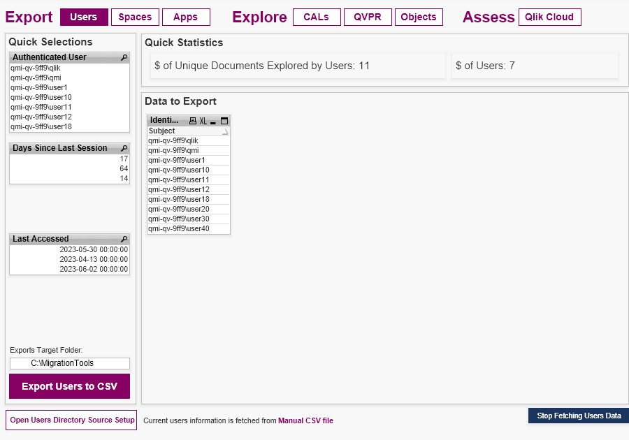 Fenster „Export users“ in der Migrations-App