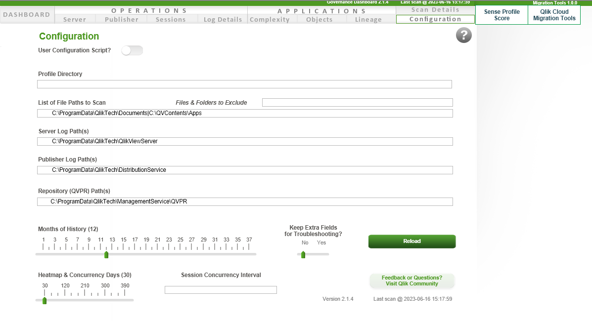 Registerkarte „Configuration“ der QlikView to SaaS Migration App