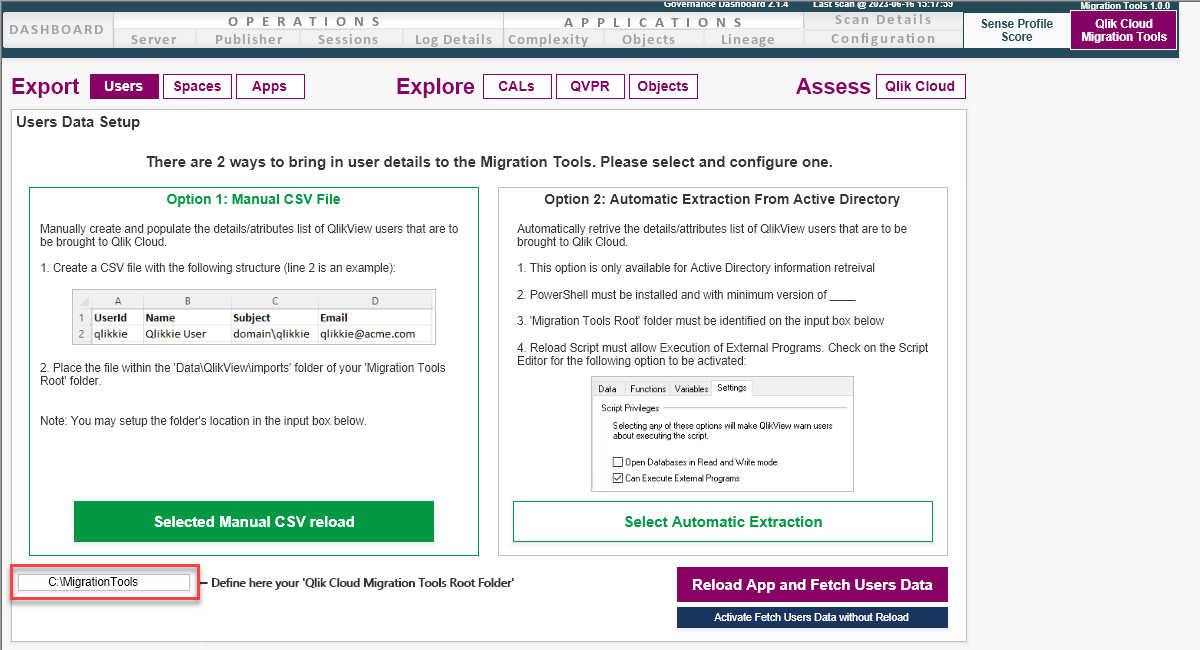 Registerkarte „Migration tools“ der QlikView to SaaS Migration App, auf der Sie den Root-Ordnerpfad eingeben