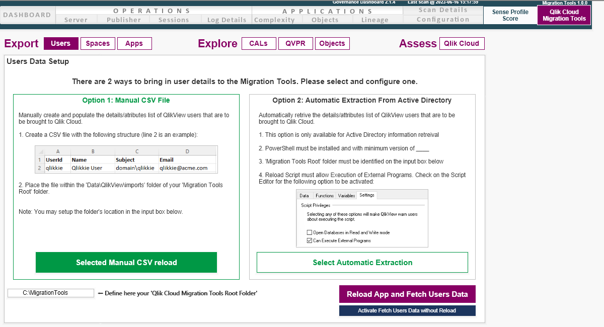 Bildschirm „User data setup“ der QlikView to SaaS Migration App