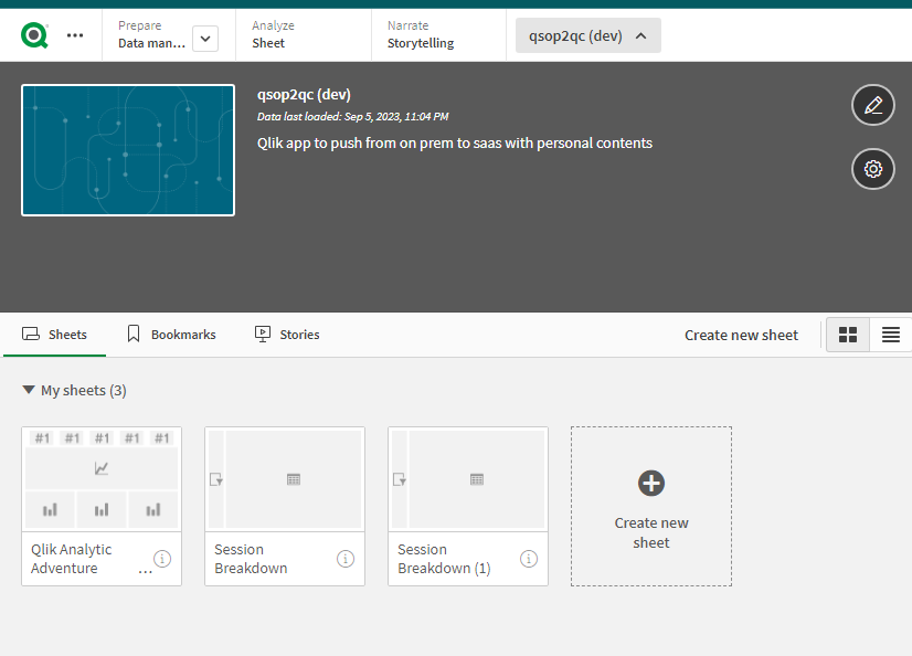 Arbeitsblätter in der Qlik Sense Client-Managed App vor dem Import