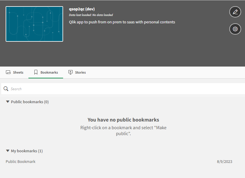 Lesezeichen in der Qlik Cloud App nach dem Import