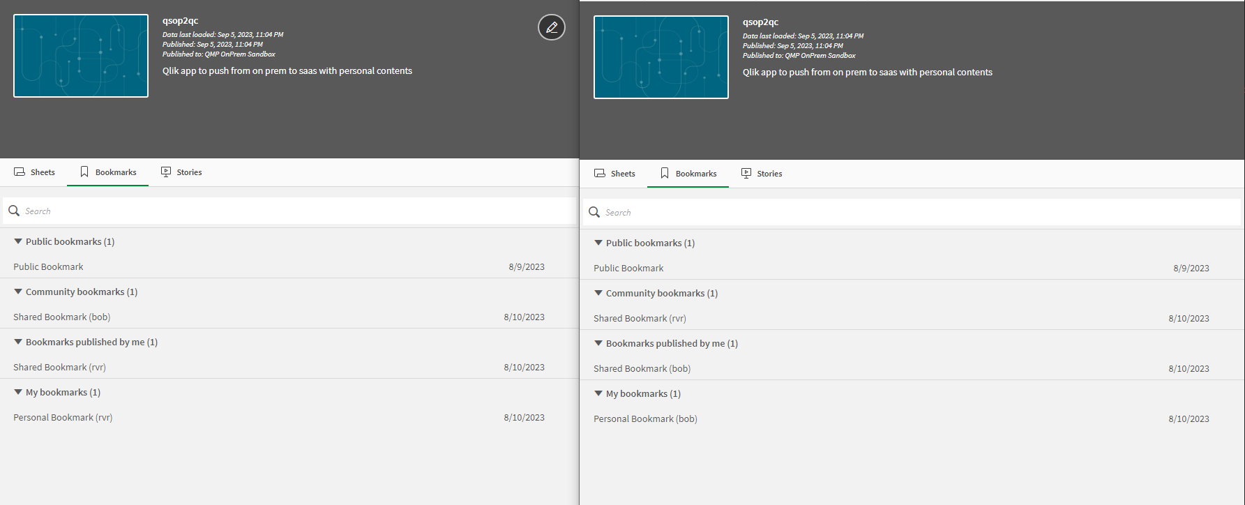 Lesezeichen in der Qlik Sense Client-Managed App vor dem Import