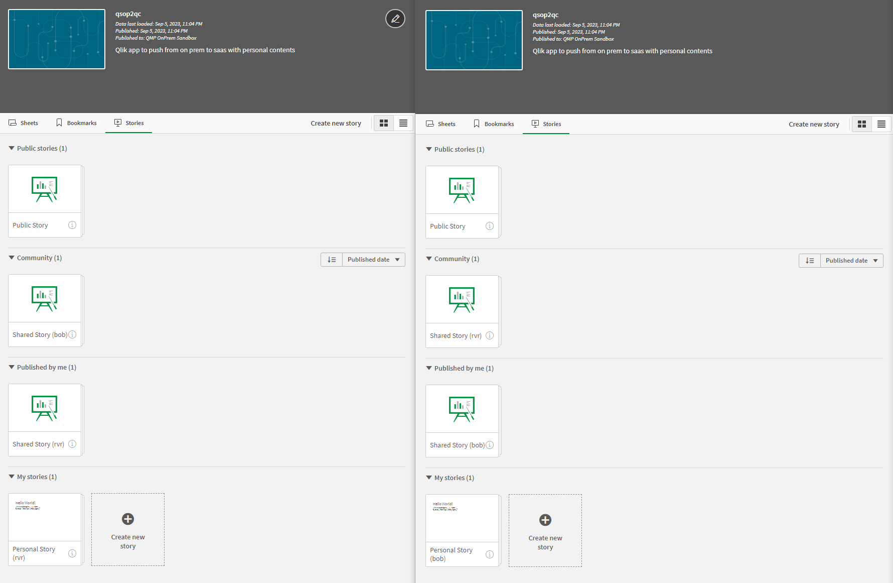 Storys in der Qlik Sense Client-Managed App vor dem Import