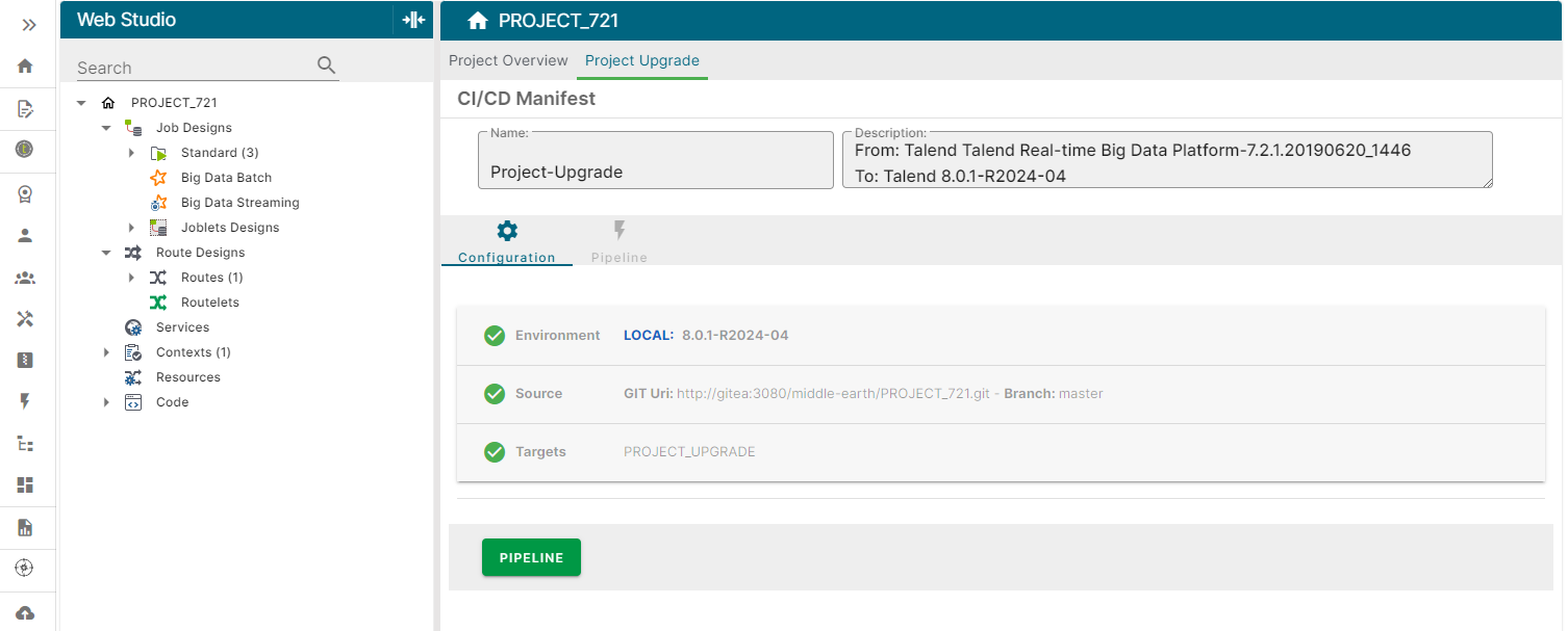Die neue Registerkarte „Project Upgrade (Projekt-Upgrade)“.