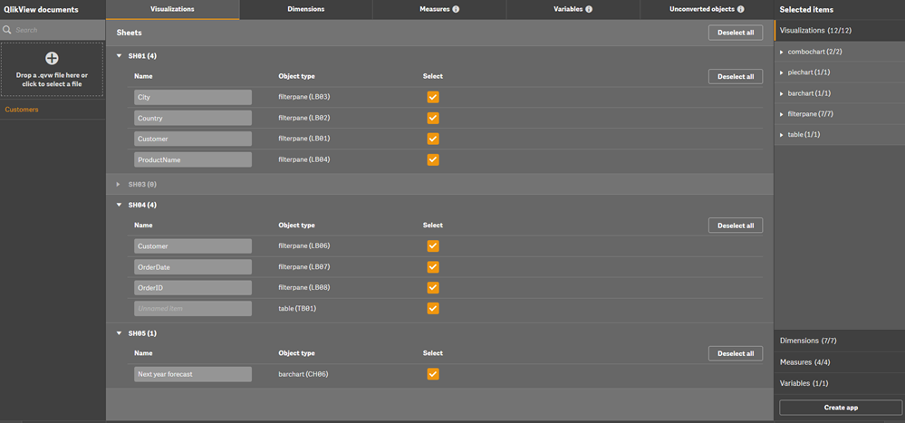 Registerkarte „Visualizations“ im Dokument „Customers“ im Converter Tool.