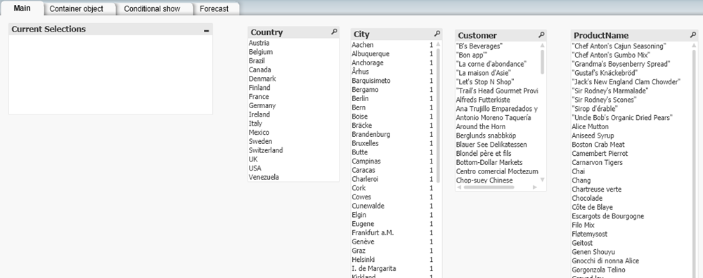 Arbeitsblatt „Main“ in Customers.qvw