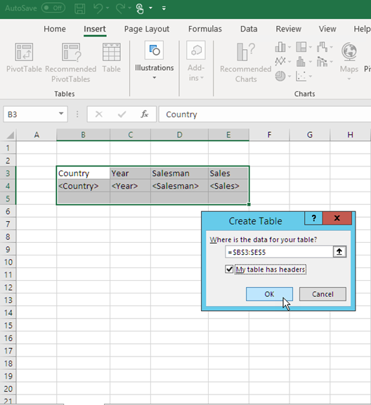 Excel report template with levels added as table.