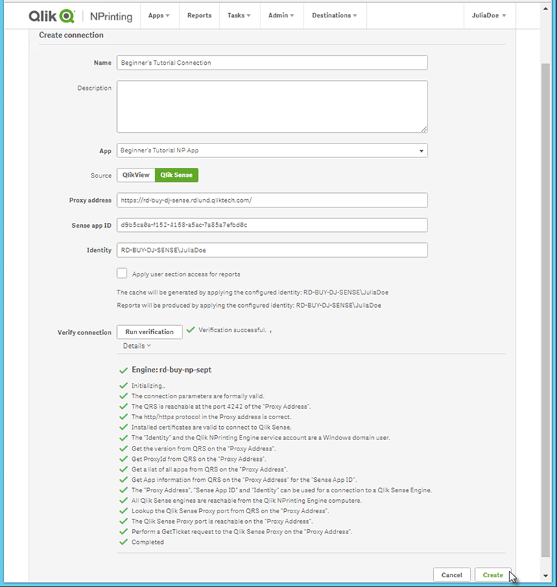 Verifizierungsergebnisse für erfolgreiche Qlik Sense-Verbindung.