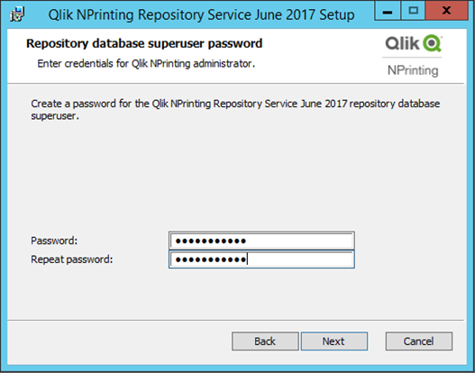 Fenster der Qlik NPrinting-Repository-Dienstinstallation, das die Kennworterstellung zeigt.