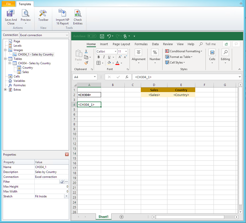Excel report template with two tables and an image added to the sheet.